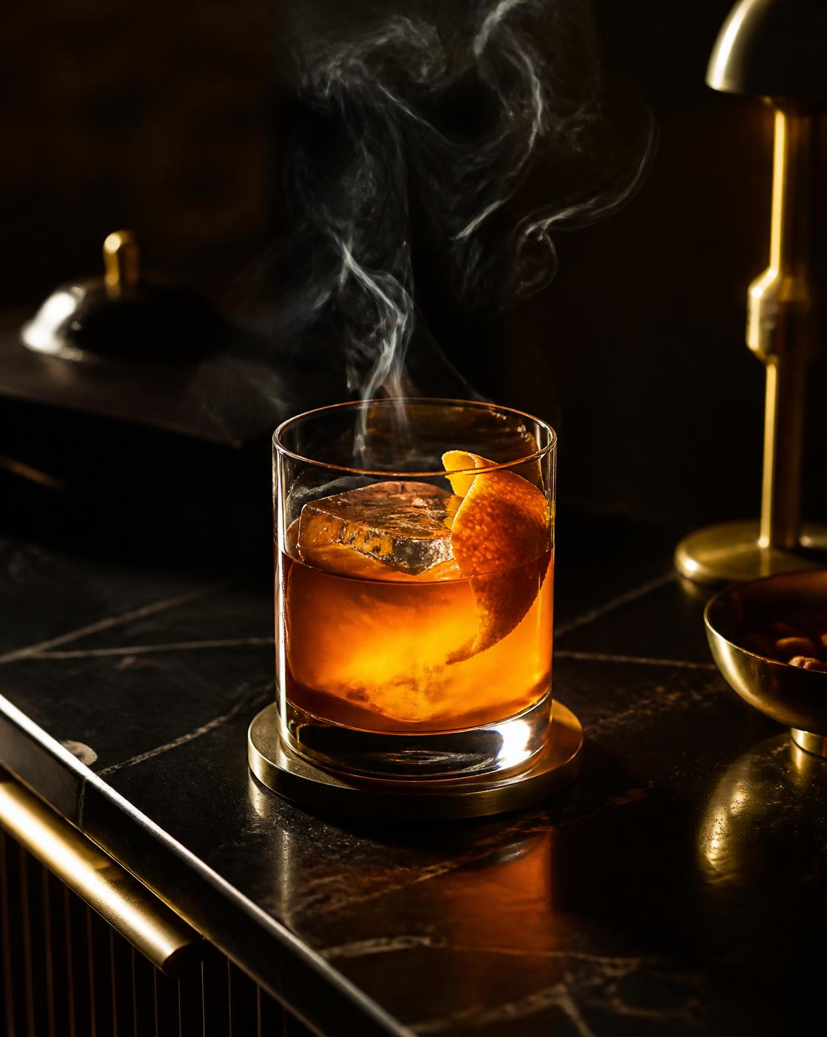 Drink autoral com gelo grande sobre balcão escuro